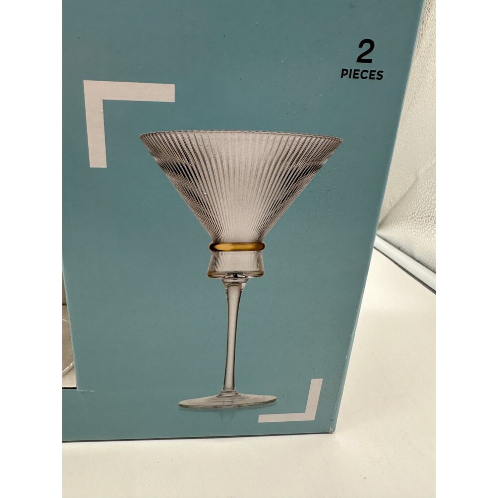 New Set Of 2 CROFTON Ribbed Gold Band MARTINI GLASSES NIB